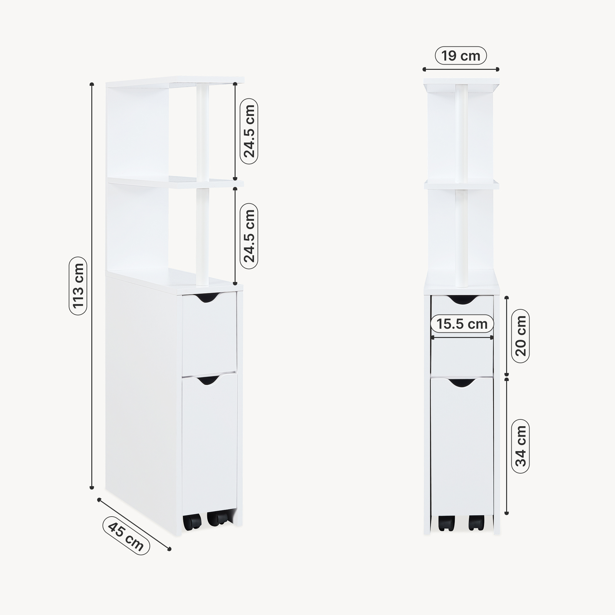 Raft îngust de baie Fadeskimma cu sertar și roll-out, alb, 113x19x45 cm