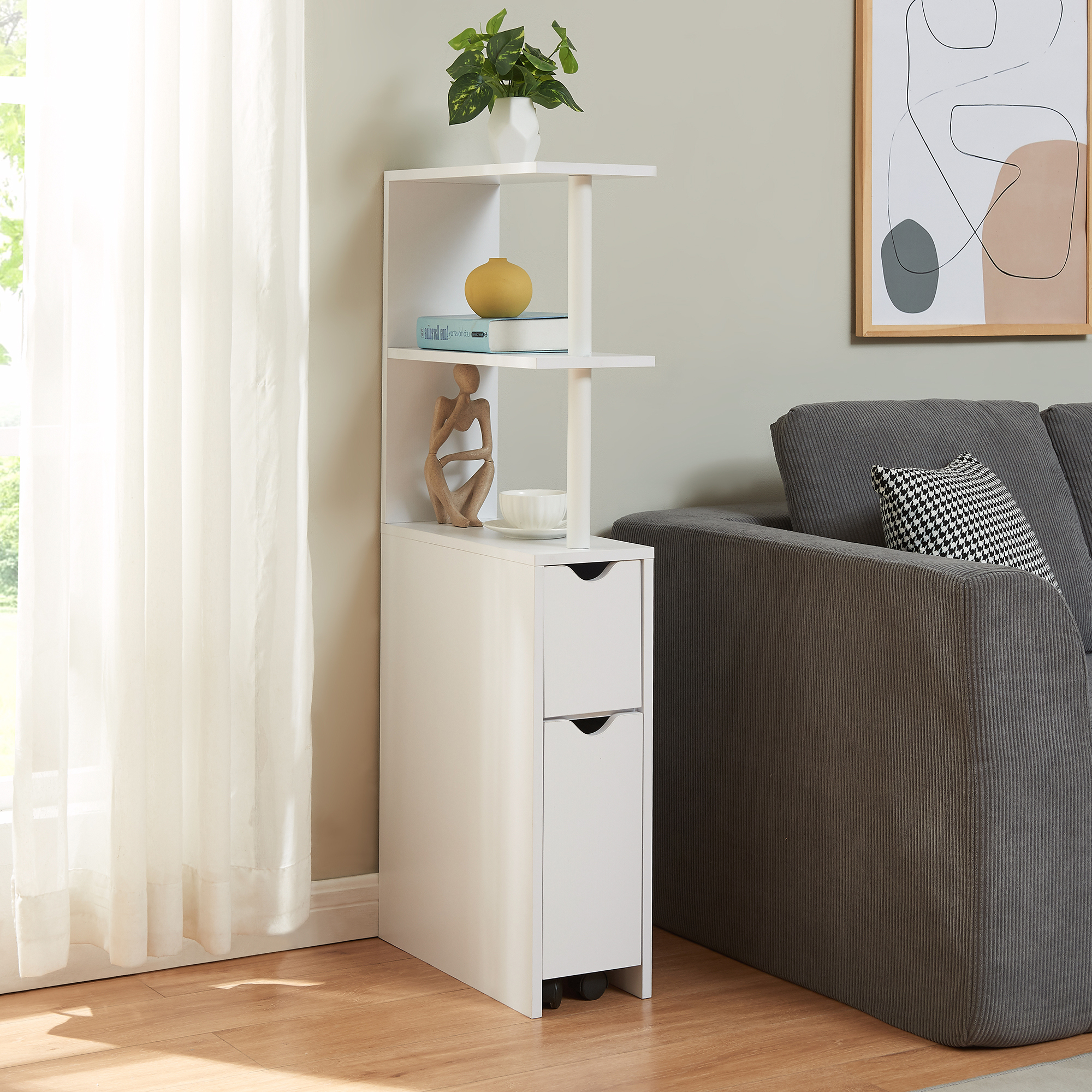 Raft îngust de baie Fadeskimma cu sertar și roll-out, alb, 113x19x45 cm