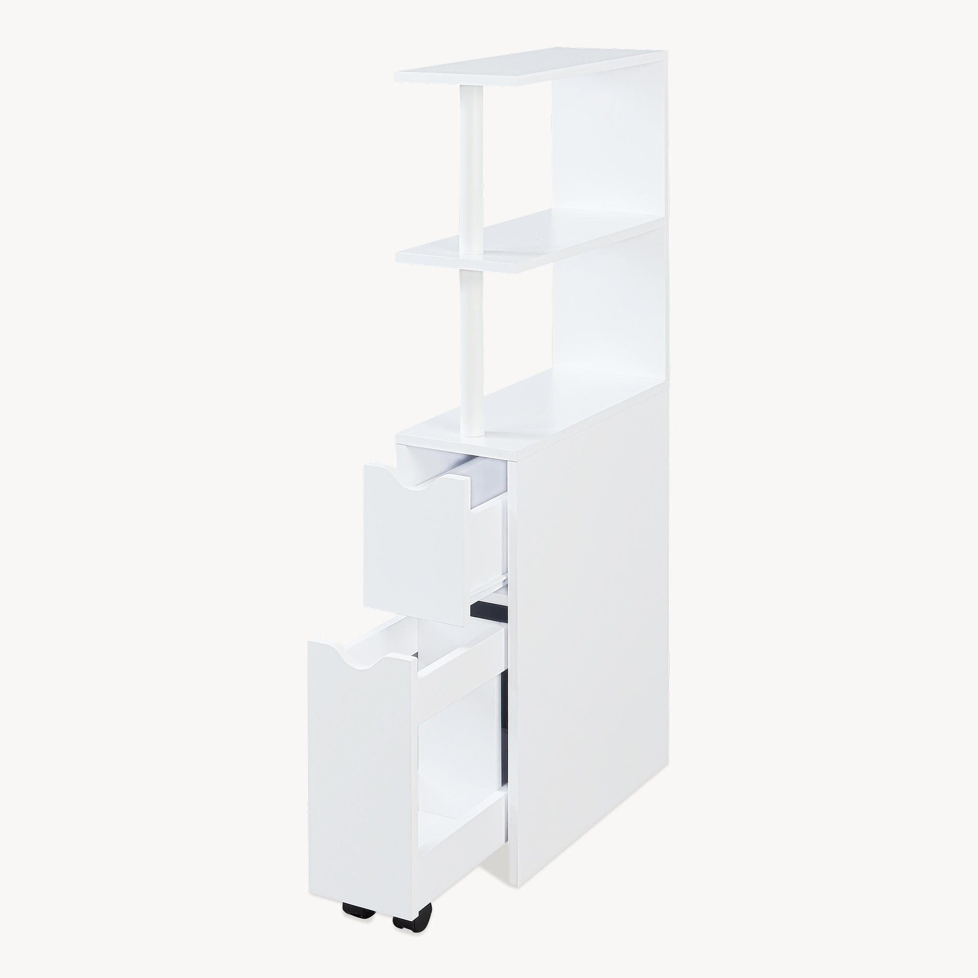 Raft îngust de baie Fadeskimma cu sertar și roll-out, alb, 113x19x45 cm