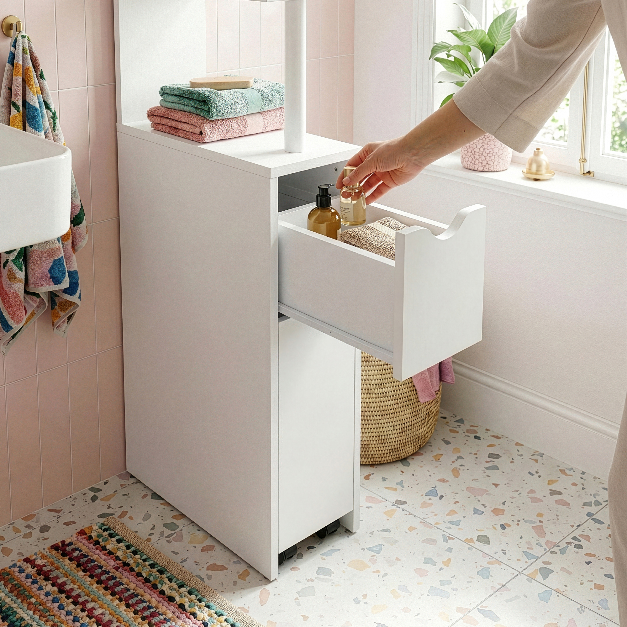 Raft îngust de baie Fadeskimma cu sertar și roll-out, alb, 113x19x45 cm