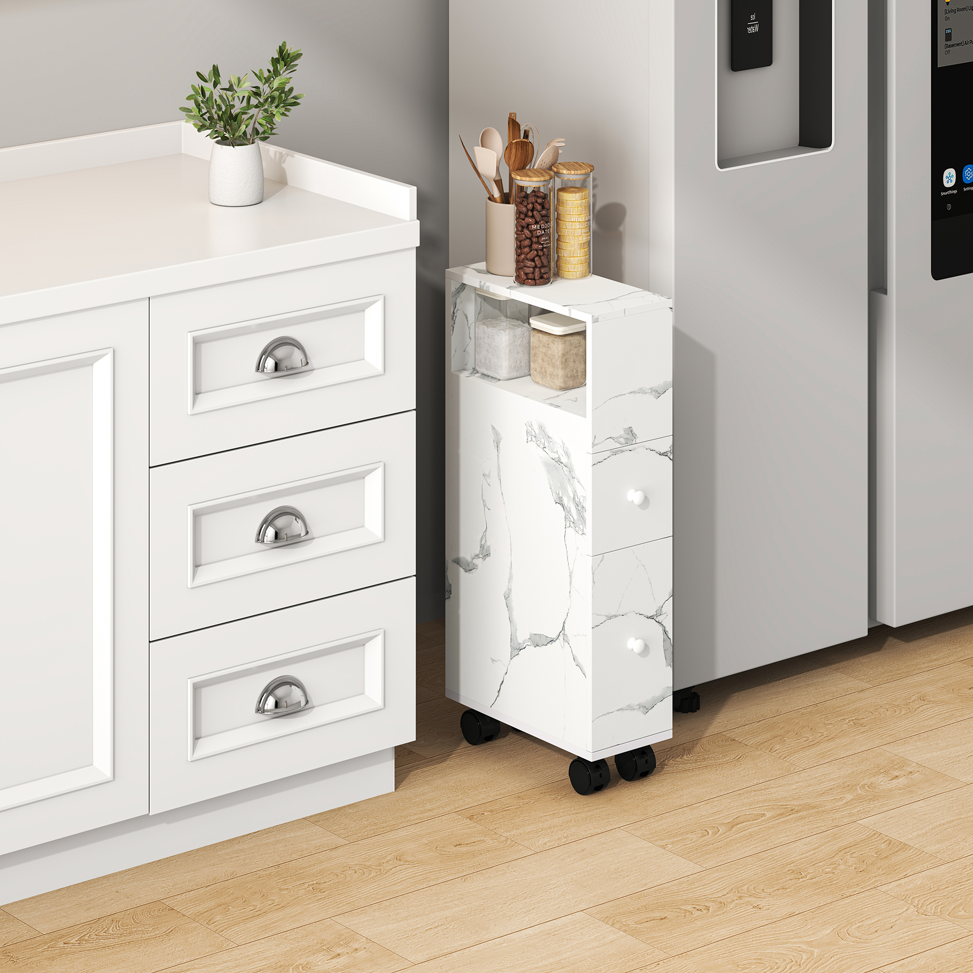 Dulap îngust cu roți pentru nișe Broreynna 66x15x33 cm, alb marmorat