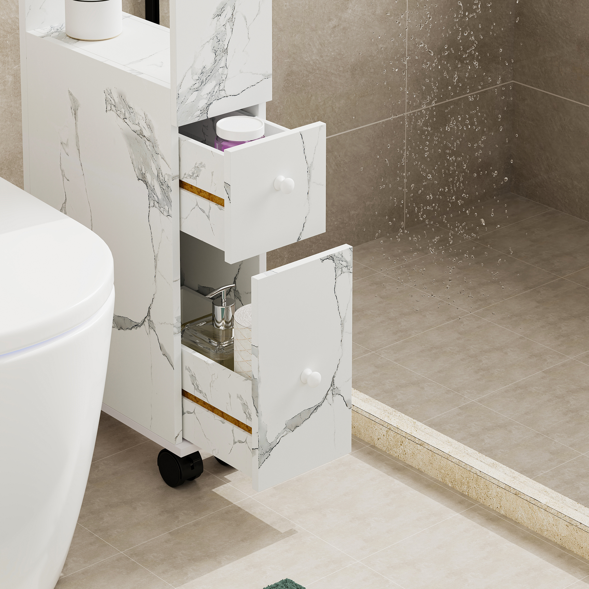 Dulap îngust cu roți pentru nișe Broreynna 66x15x33 cm, alb marmorat