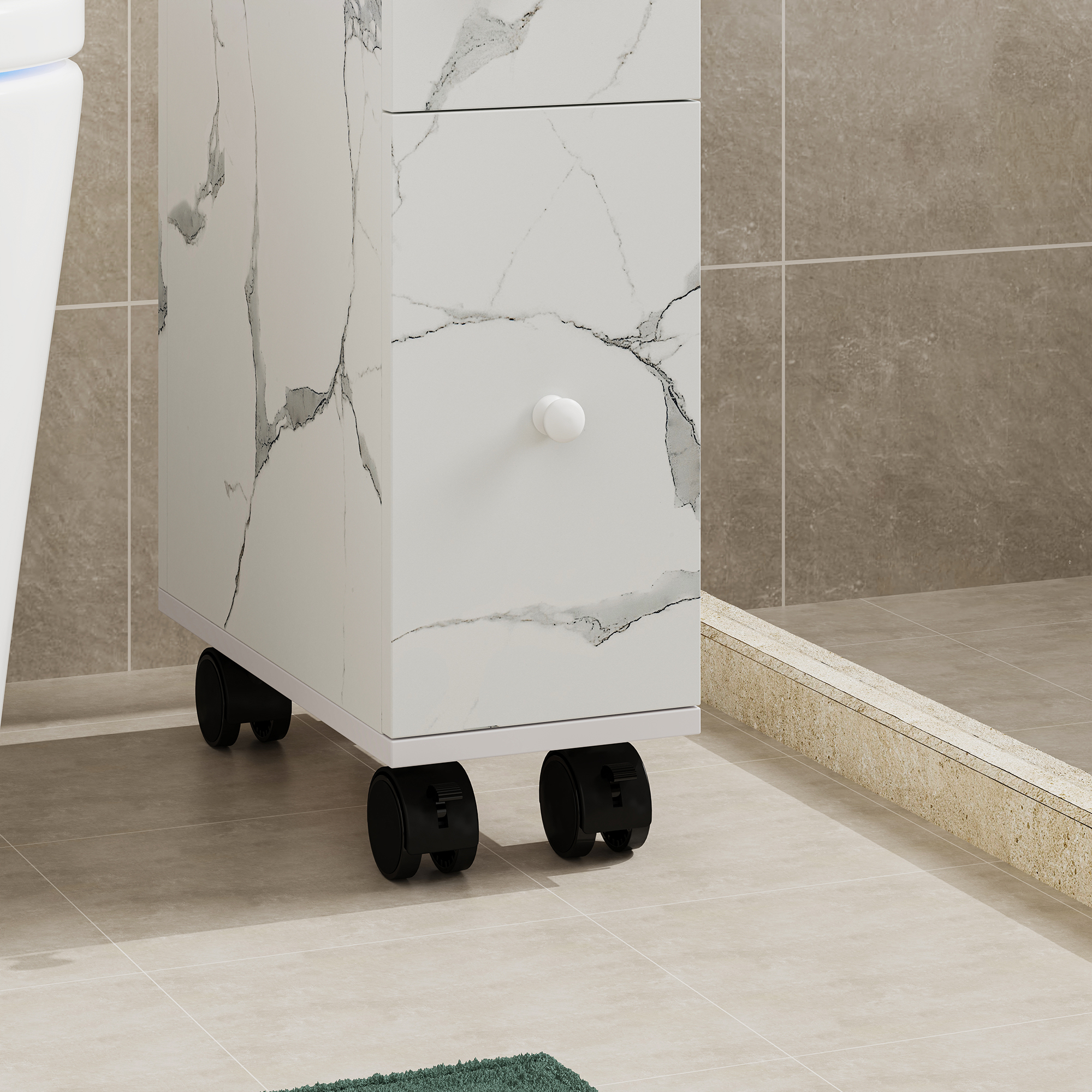Dulap îngust cu roți pentru nișe Broreynna 66x15x33 cm, alb marmorat