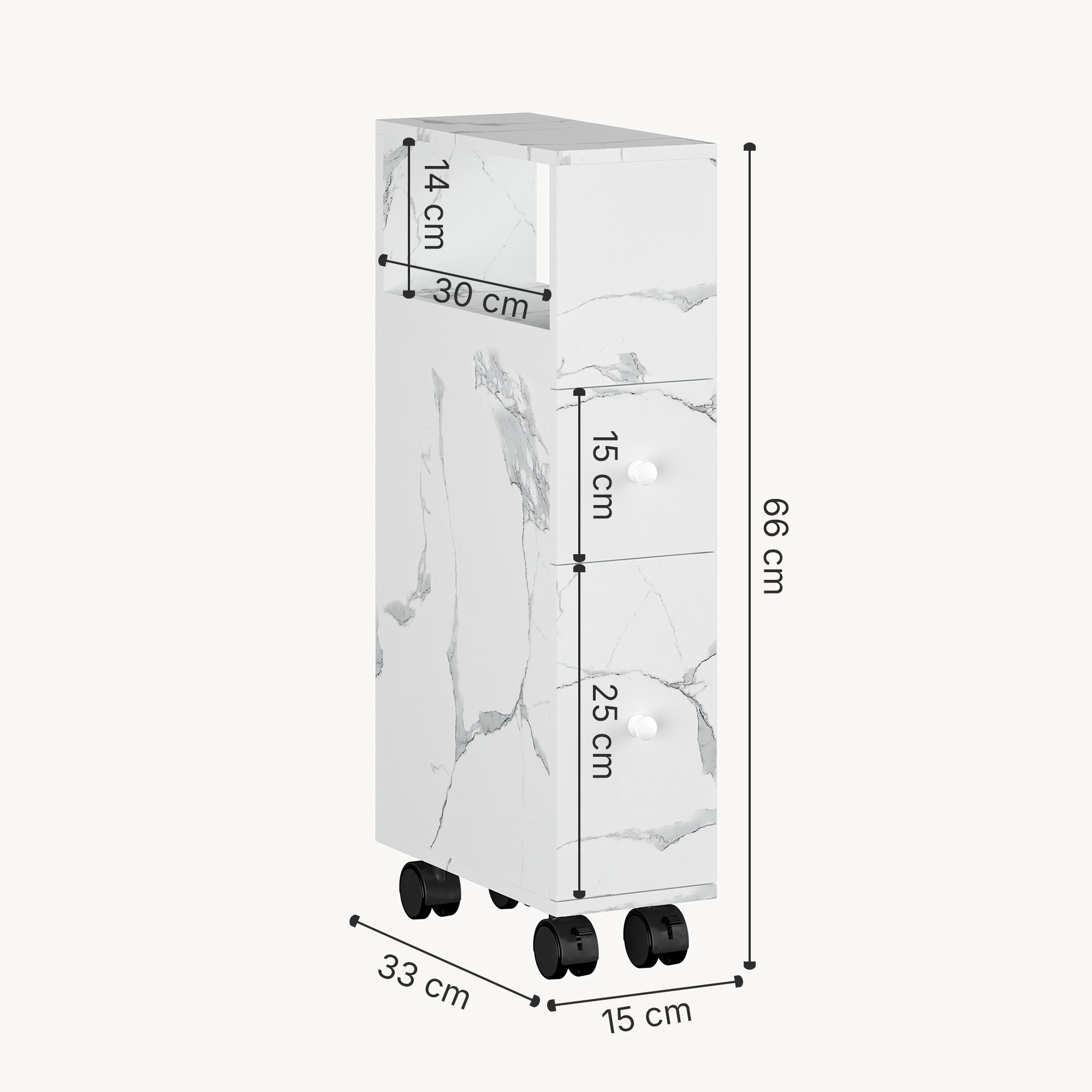 Dulap îngust cu roți pentru nișe Broreynna 66x15x33 cm, alb marmorat