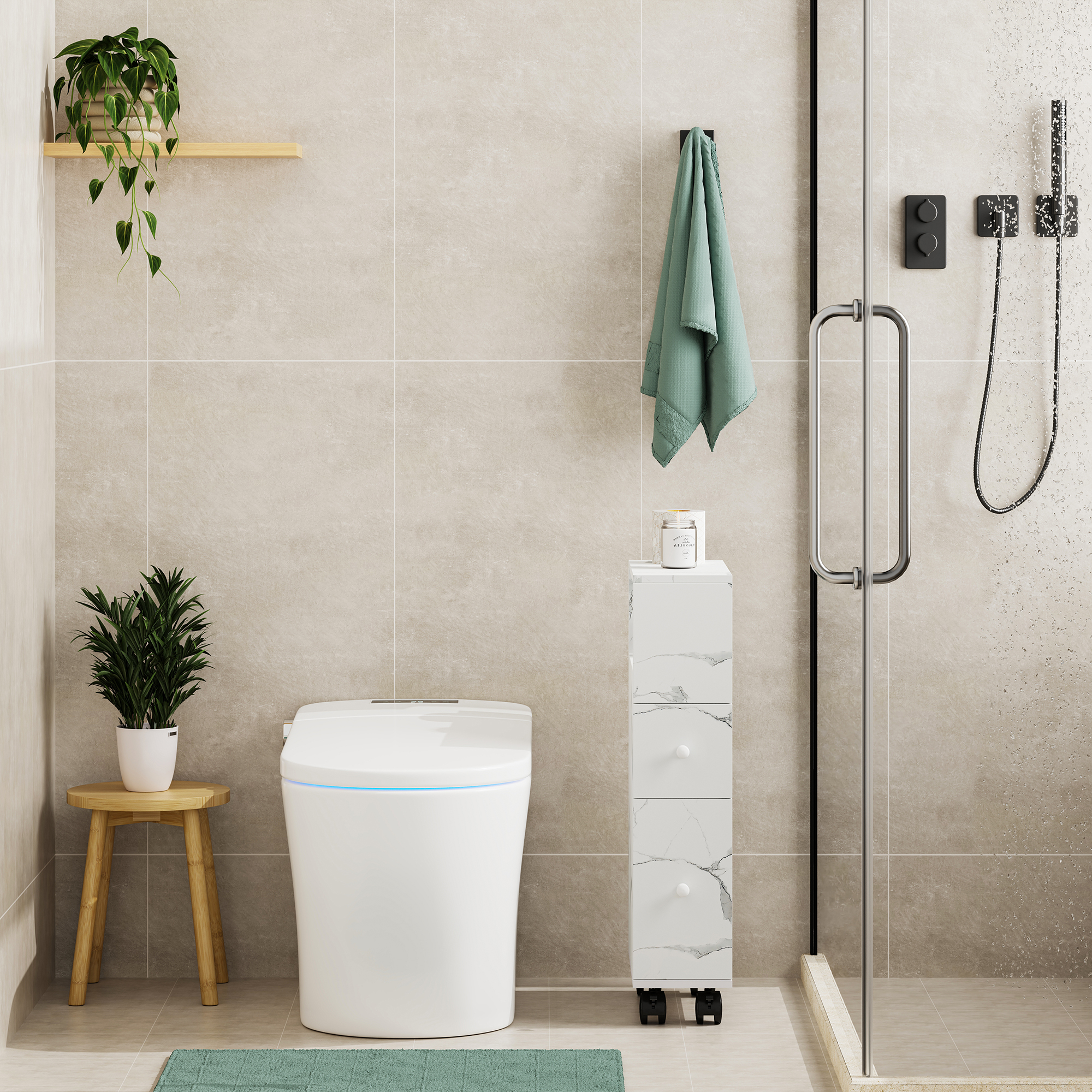 Dulap îngust cu roți pentru nișe Broreynna 66x15x33 cm, alb marmorat