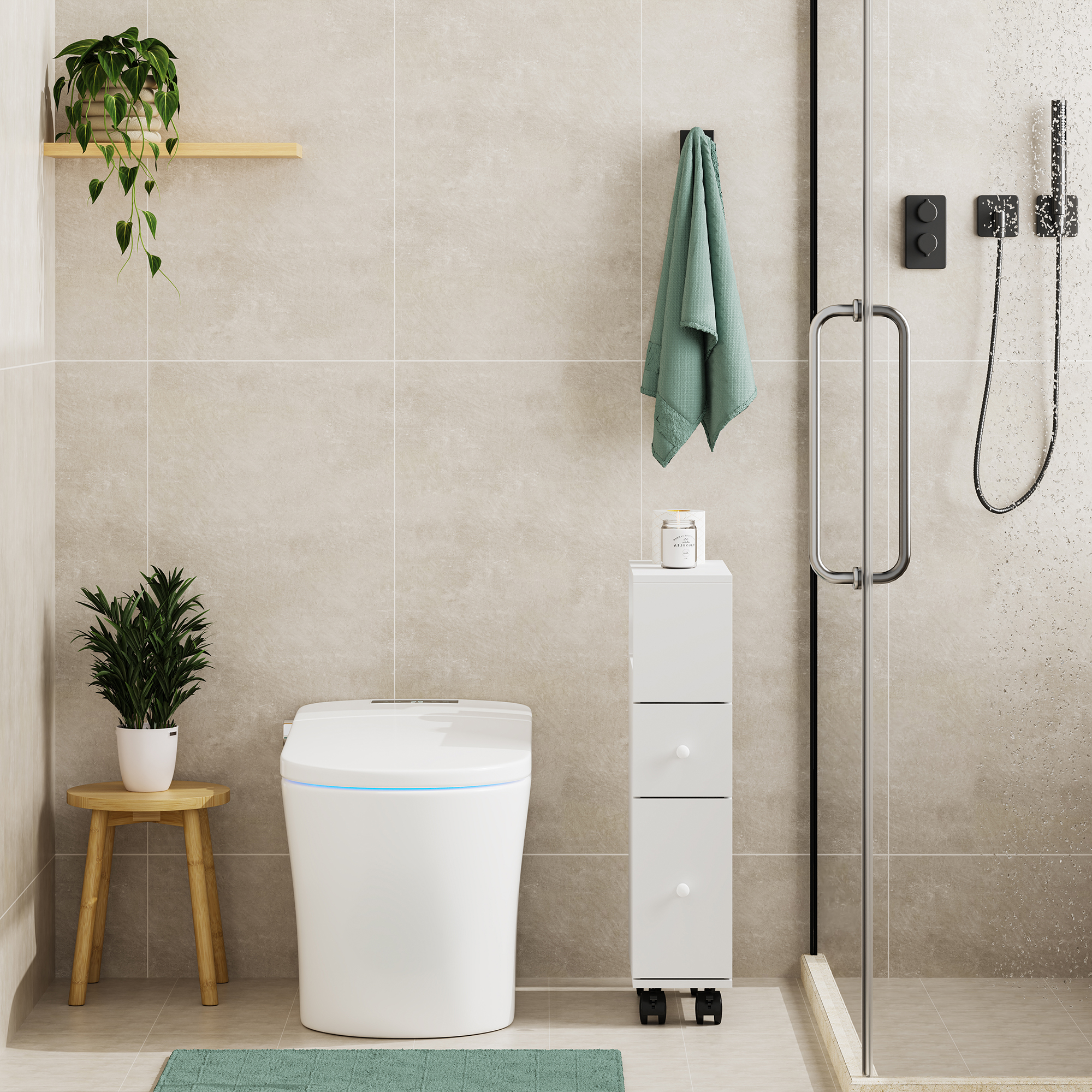 Dulap îngust cu roți pentru baie sau bucătărie Broreynna, alb, 66x15x33 cm