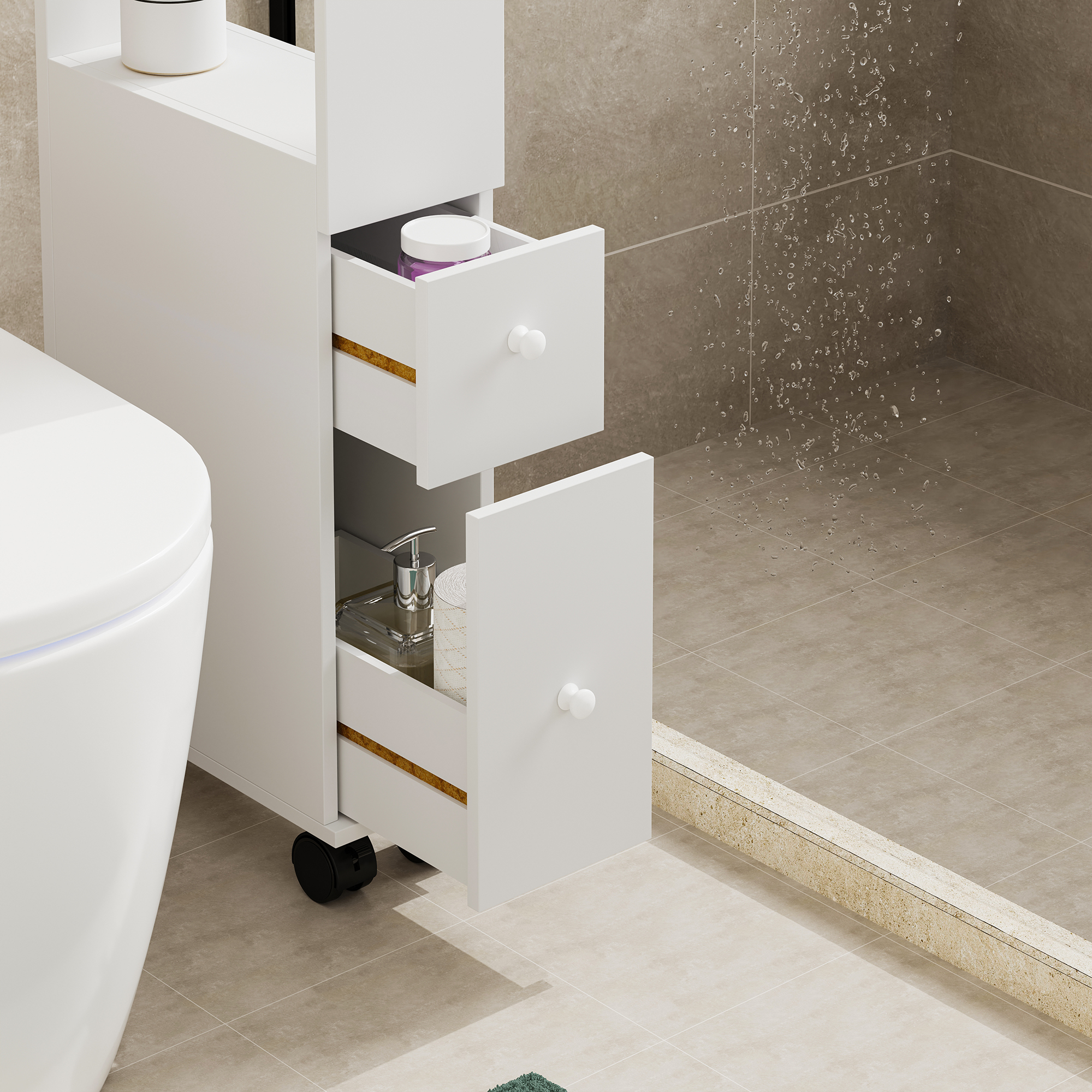 Dulap îngust cu roți pentru baie sau bucătărie Broreynna, alb, 66x15x33 cm