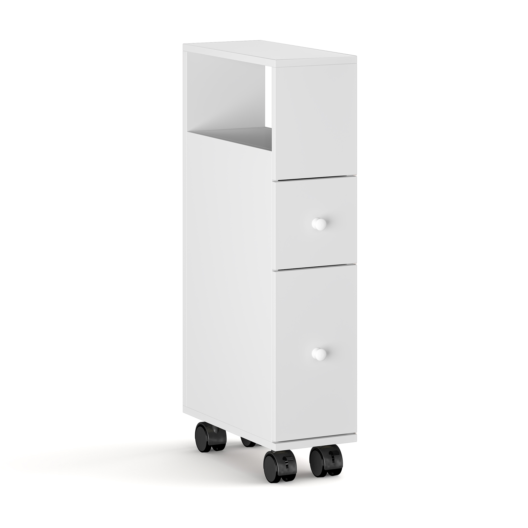 Dulap îngust cu roți pentru baie sau bucătărie Broreynna, alb, 66x15x33 cm