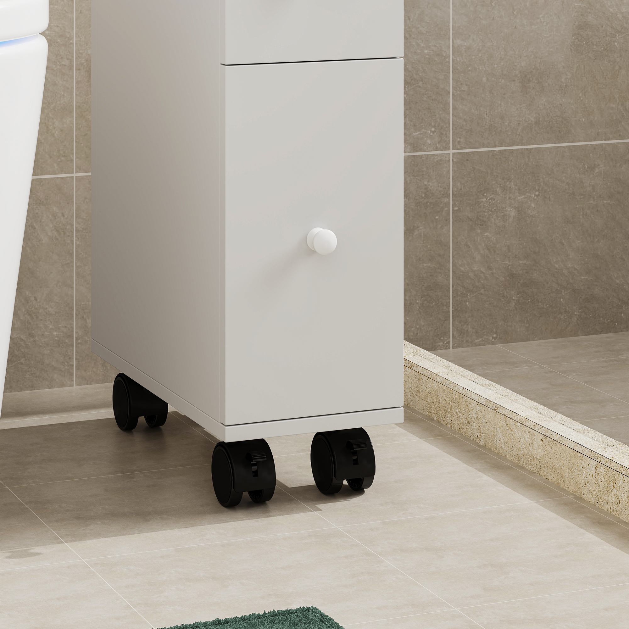 Dulap îngust cu roți pentru baie sau bucătărie Broreynna, alb, 66x15x33 cm