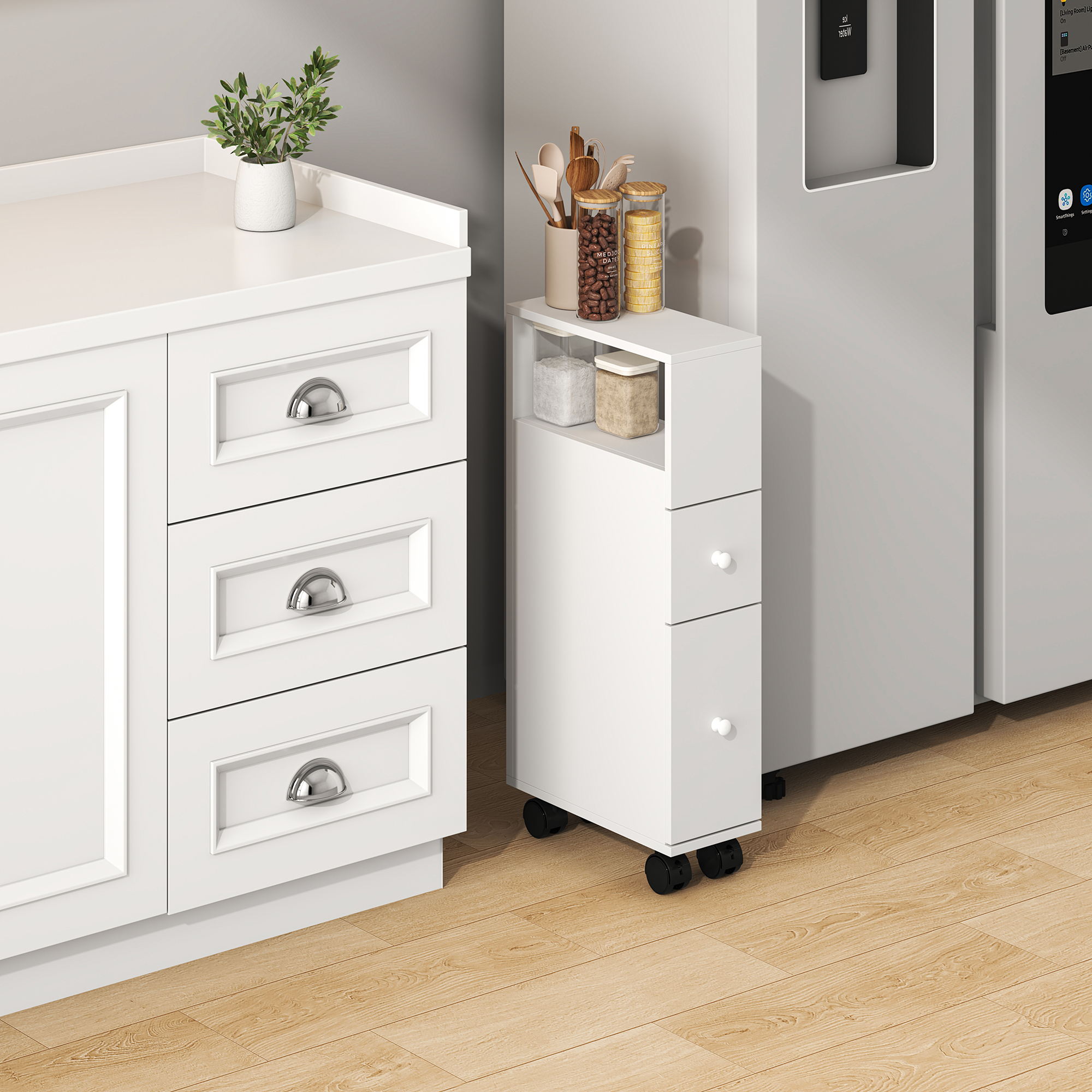 Dulap îngust cu roți pentru baie sau bucătărie Broreynna, alb, 66x15x33 cm