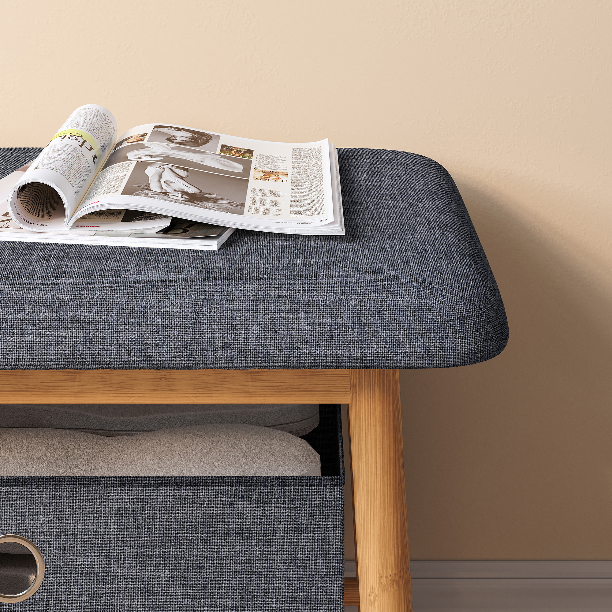 Bancheta pentru pantofi cu depozitare și 2 cutii, bambus, 90x30x45 cm