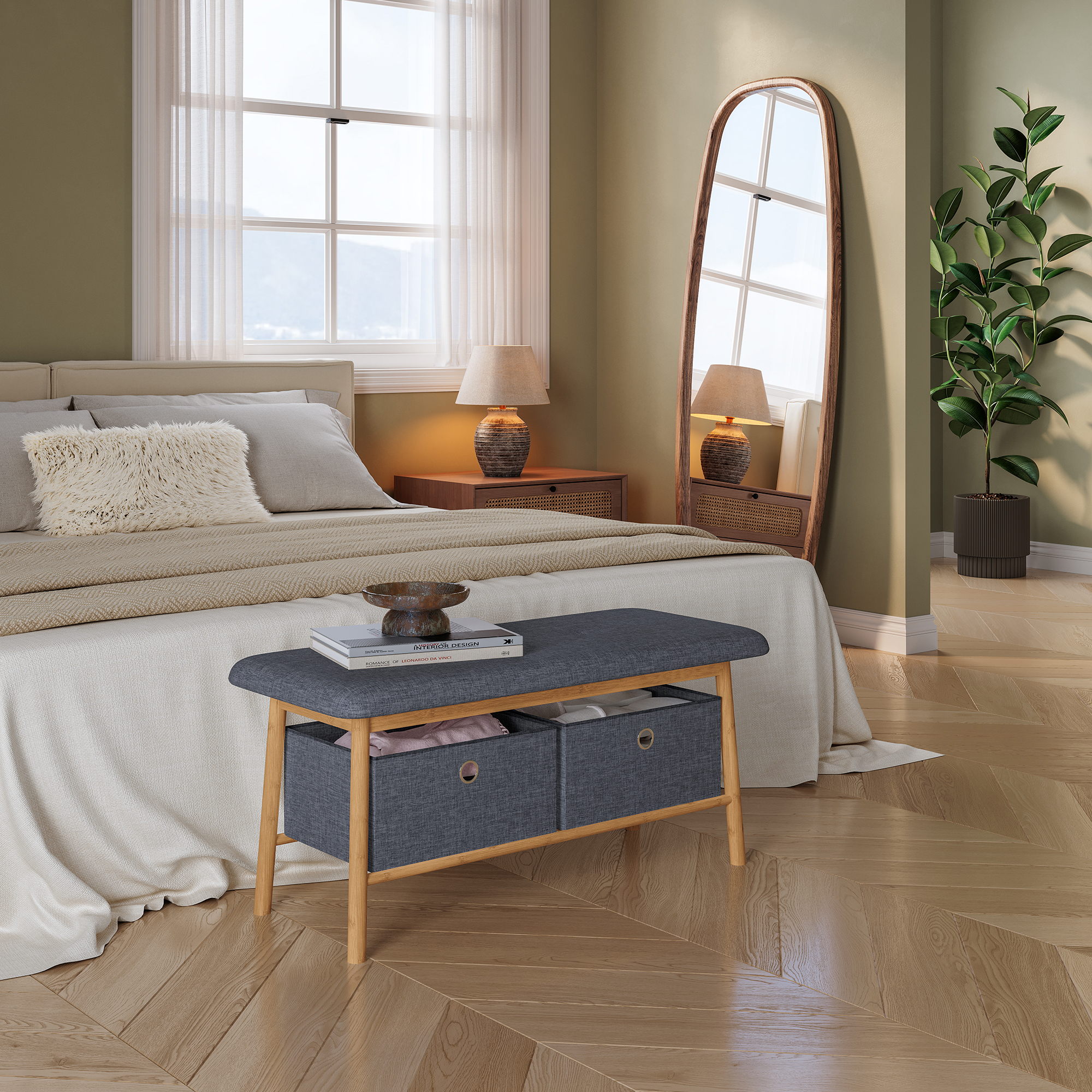 Bancheta pentru pantofi cu depozitare și 2 cutii, bambus, 90x30x45 cm