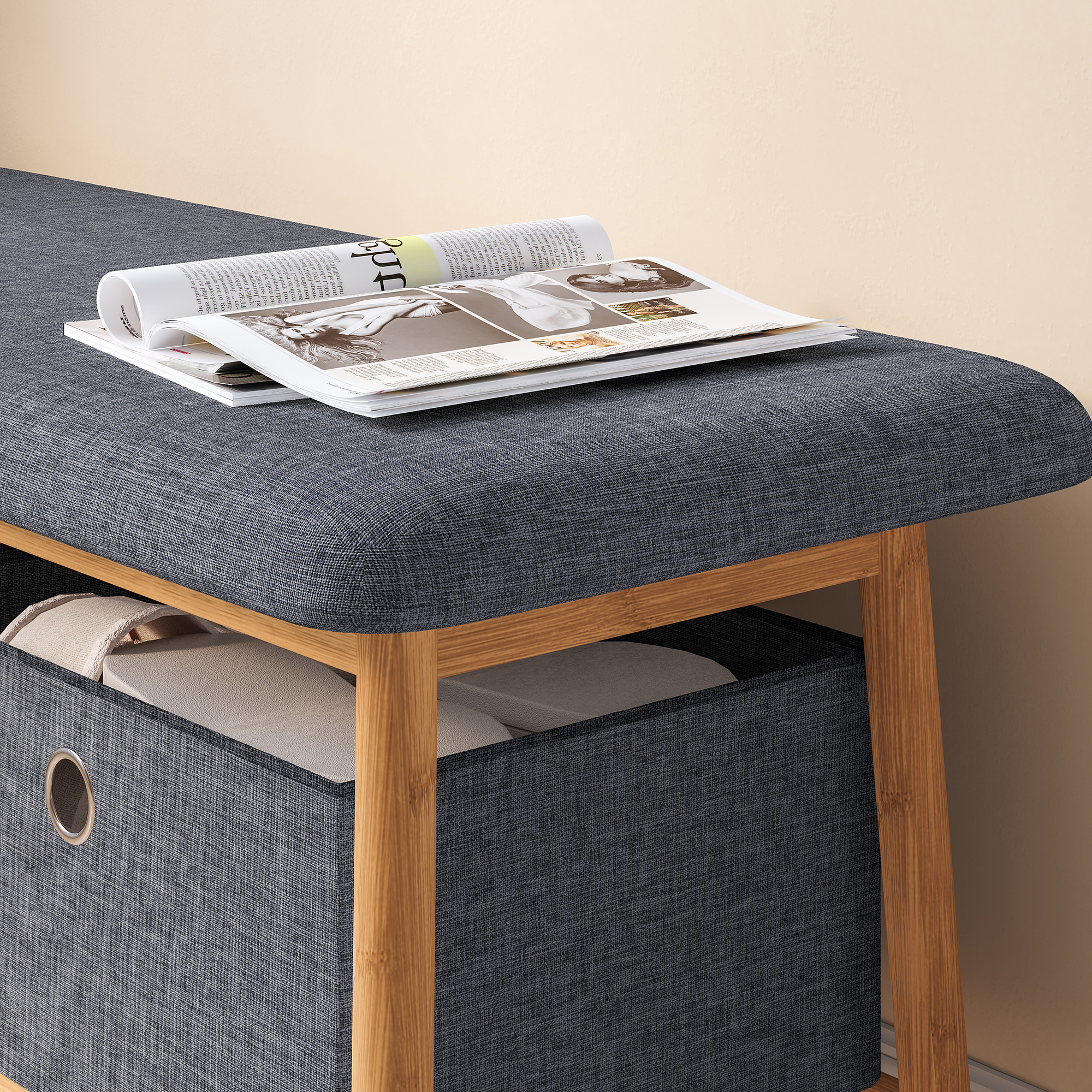 Bancheta pentru pantofi cu depozitare și 2 cutii, bambus, 90x30x45 cm