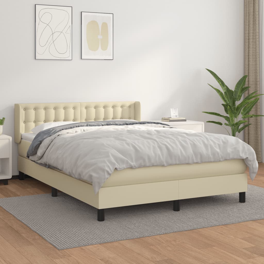 Pat box spring cu saltea, crem, 140x200 cm, piele ecologică GartenMobel Dekor