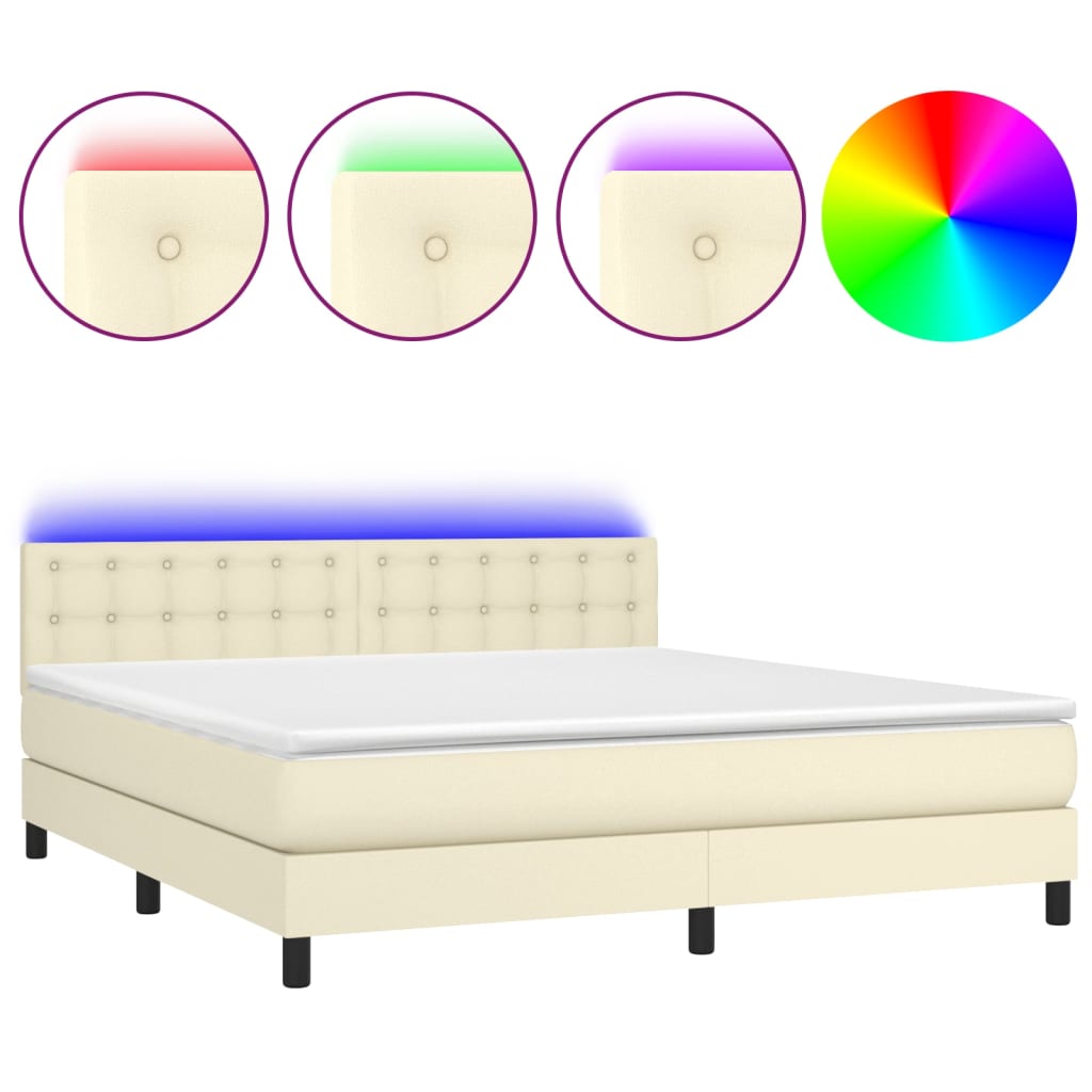 Pat cu arcuri, saltea și LED, crem, 180x200 cm, piele ecologică GartenMobel Dekor