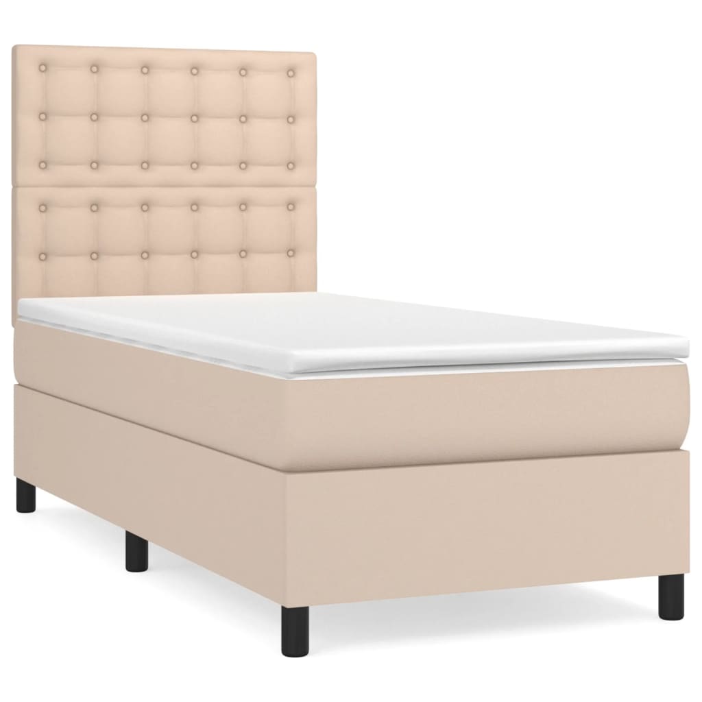 Pat box spring cu saltea, cappuccino, 90x200 cm piele ecologică GartenMobel Dekor