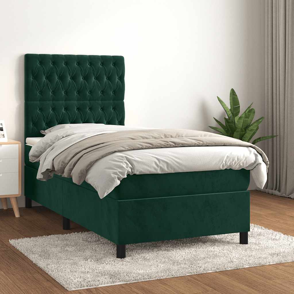 Pat box spring cu saltea, verde închis, 90x190 cm, catifea GartenMobel Dekor
