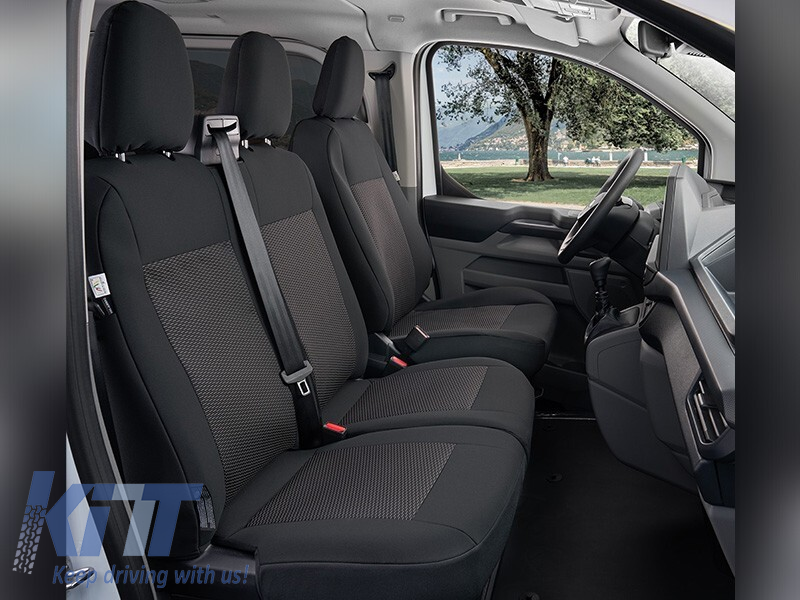 Tapițerie Kegel Tailor Made potrivită pentru două scaune din față 1+1 cu masă pentru Ford Transit Custom, Volkswagen T7 după 2024, neagră cu gri Performance AutoTuning