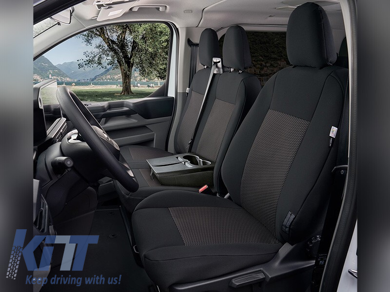 Tapițerie Kegel Tailor Made potrivită pentru două scaune din față 1+1 cu masă pentru Ford Transit Custom, Volkswagen T7 după 2024, neagră cu gri Performance AutoTuning