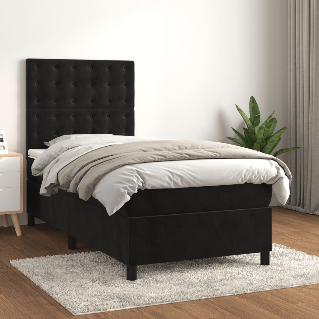 Pat box spring cu saltea, negru, 100x200 cm, catifea GartenMobel Dekor