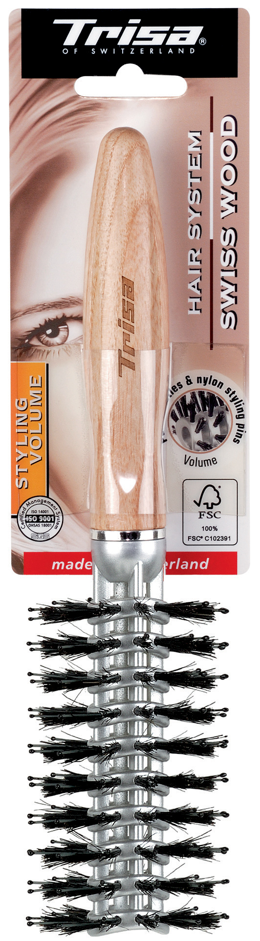 Perie rotundă pentru păr Trisa Swiss Wood Styling Volume, 60 mm