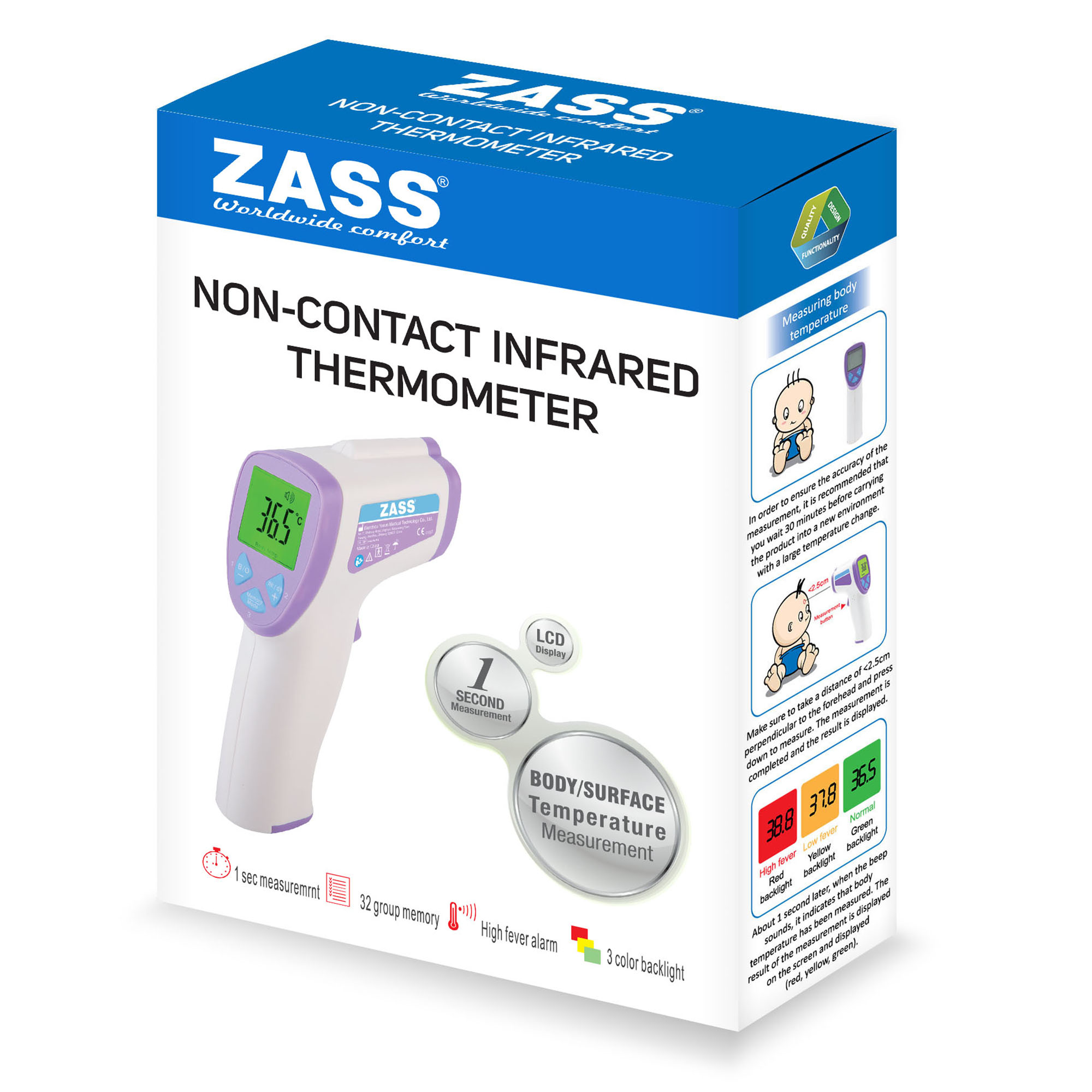 Termometru non-contact cu infraroșu ZASS ZIT 01, afișaj LCD și alarmă