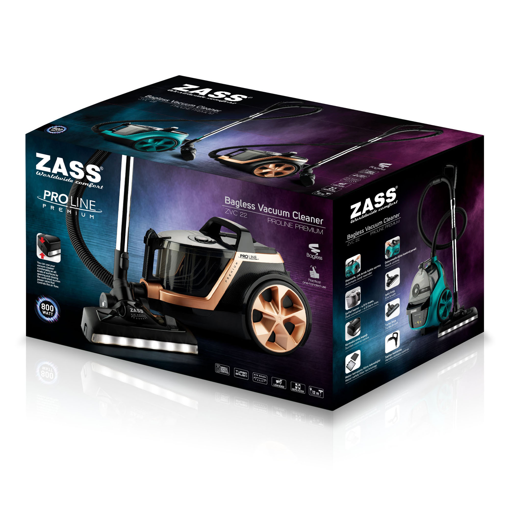 Aspirator fără sac ZASS ZVC 22 Turcoaz, ciclonic, HEPA 13, 800W