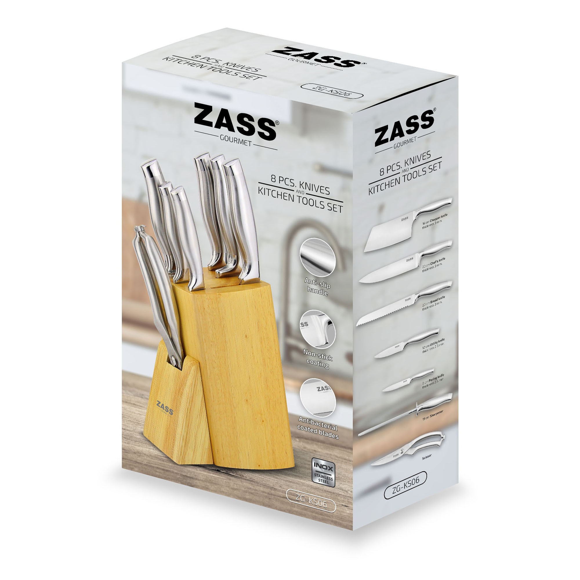 Set ustensile de bucatarie Zass Gourmet ZG-KT 02, 8 piese, albastru