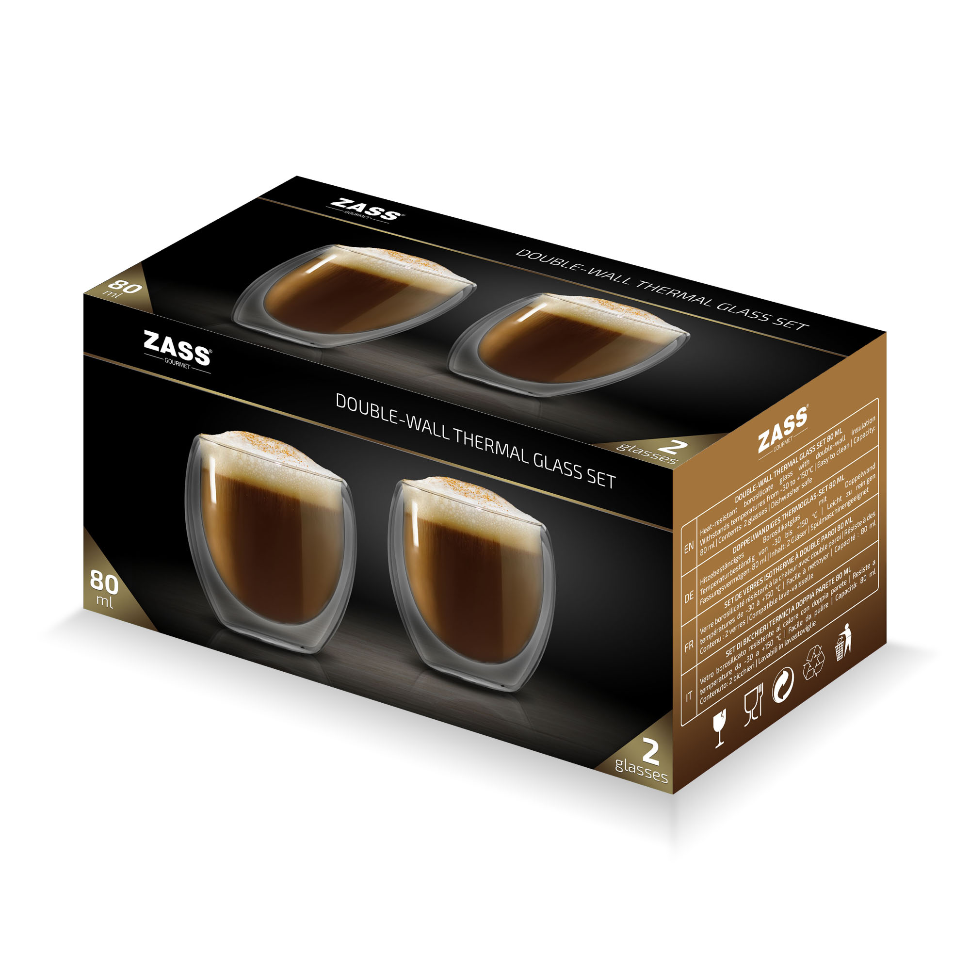 Set 2 pahare termorezistente din sticla borosilicata Zass Gourmet 80 ml