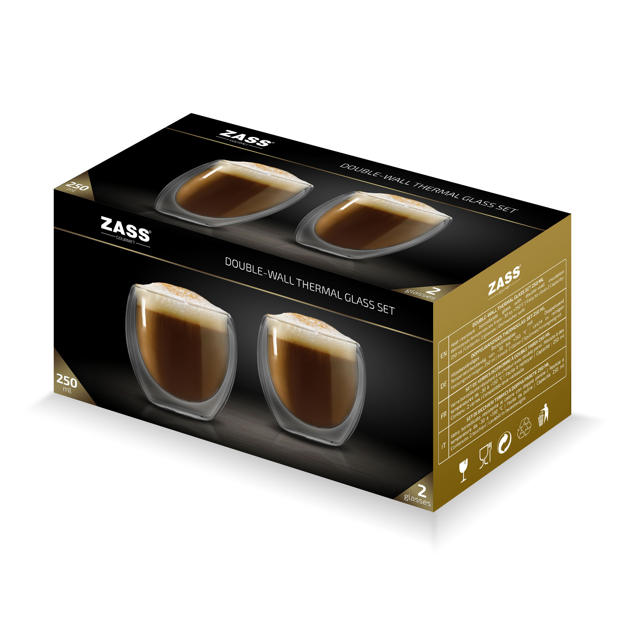 Set 2 pahare termorezistente ZASS Gourmet 250 ml, sticla borosilicata