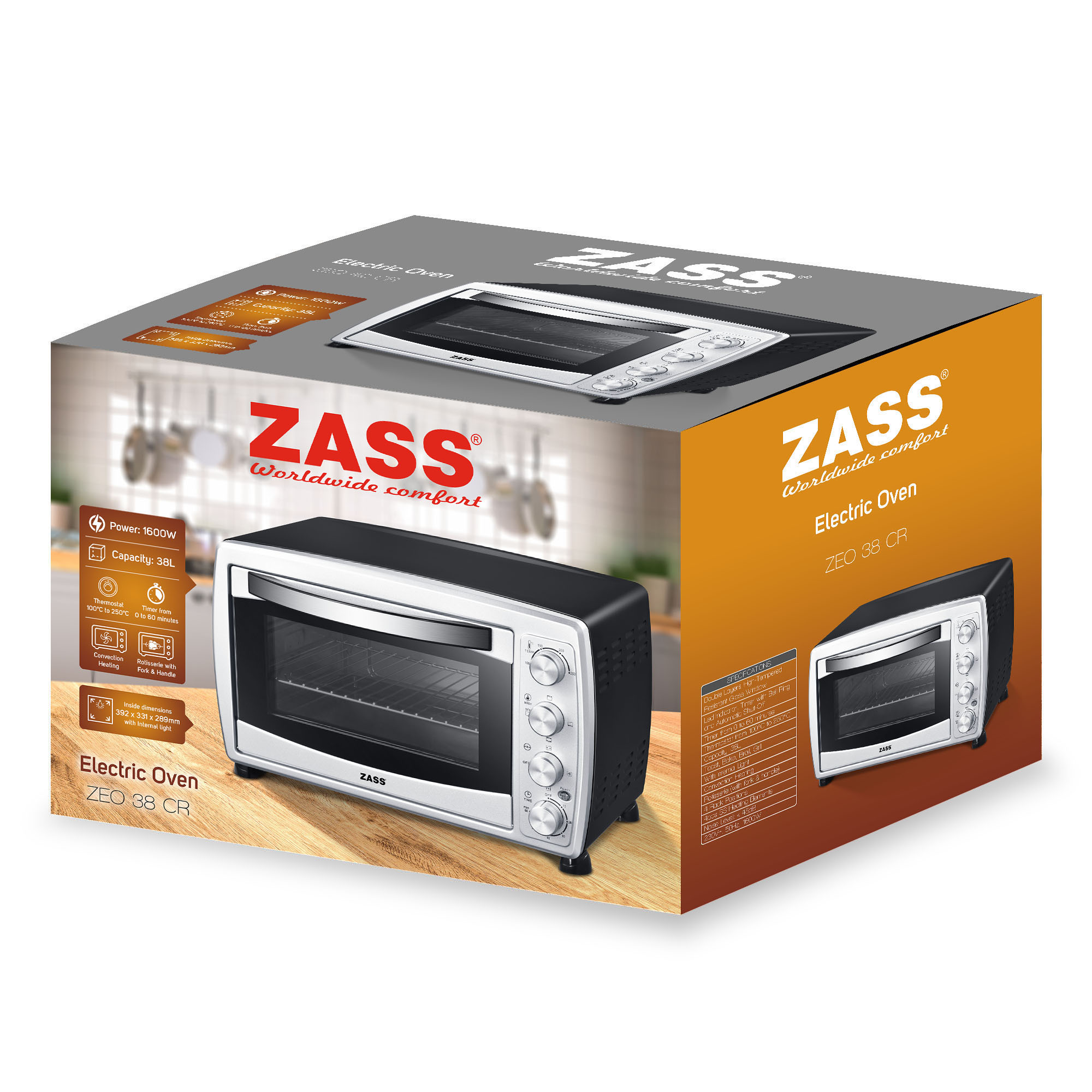 Cuptor electric cu convectie si rotisor ZASS ZEO 38 CR, 38L, 1600W
