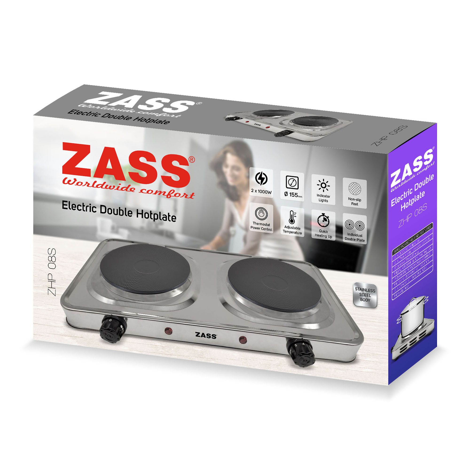 Plită electrică dublă Zass ZHP 08 S, 2000W, 2 discuri fontă, inox