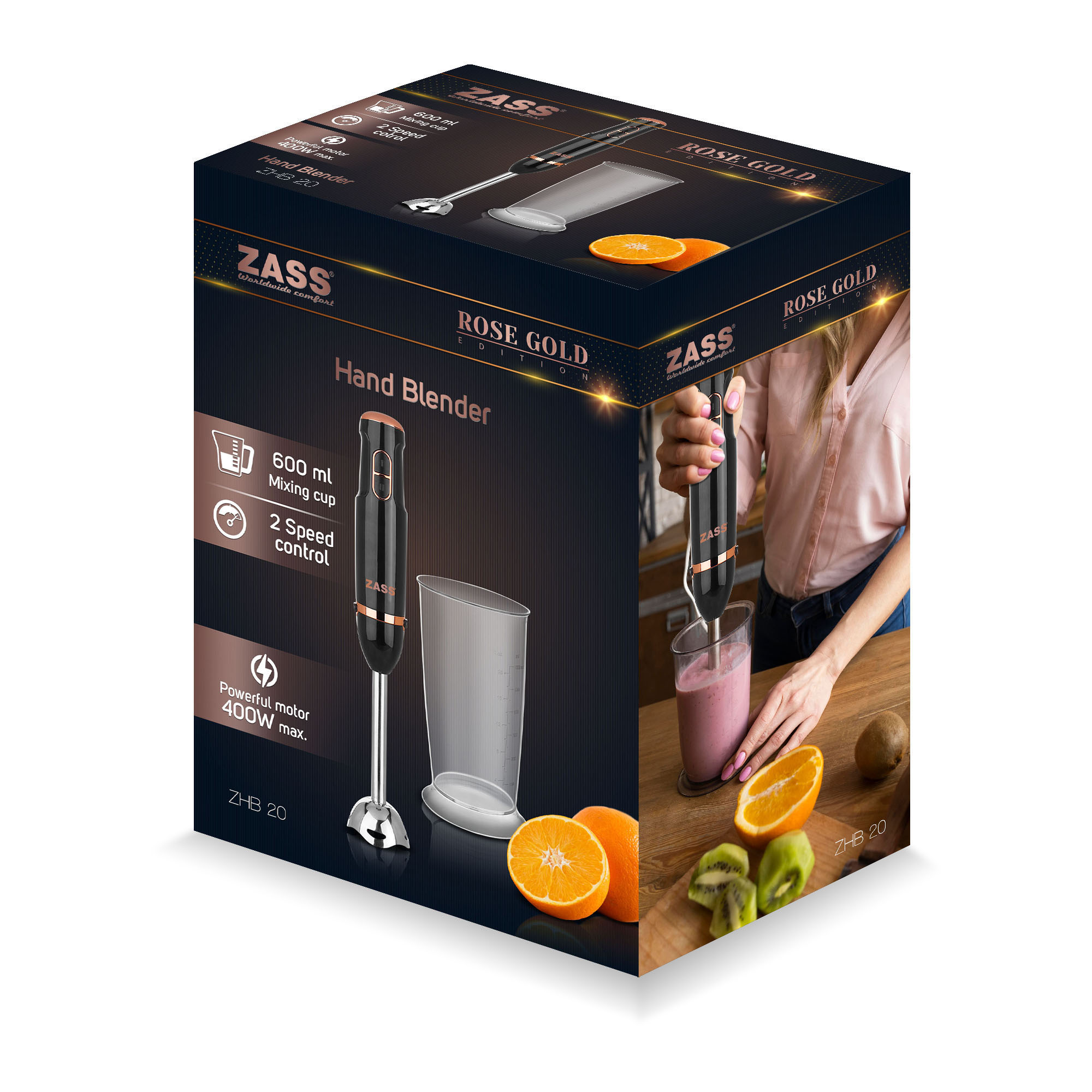 Blender de mână Zass ZHB 20 Rose Gold, 400 W, 2 viteze, inox