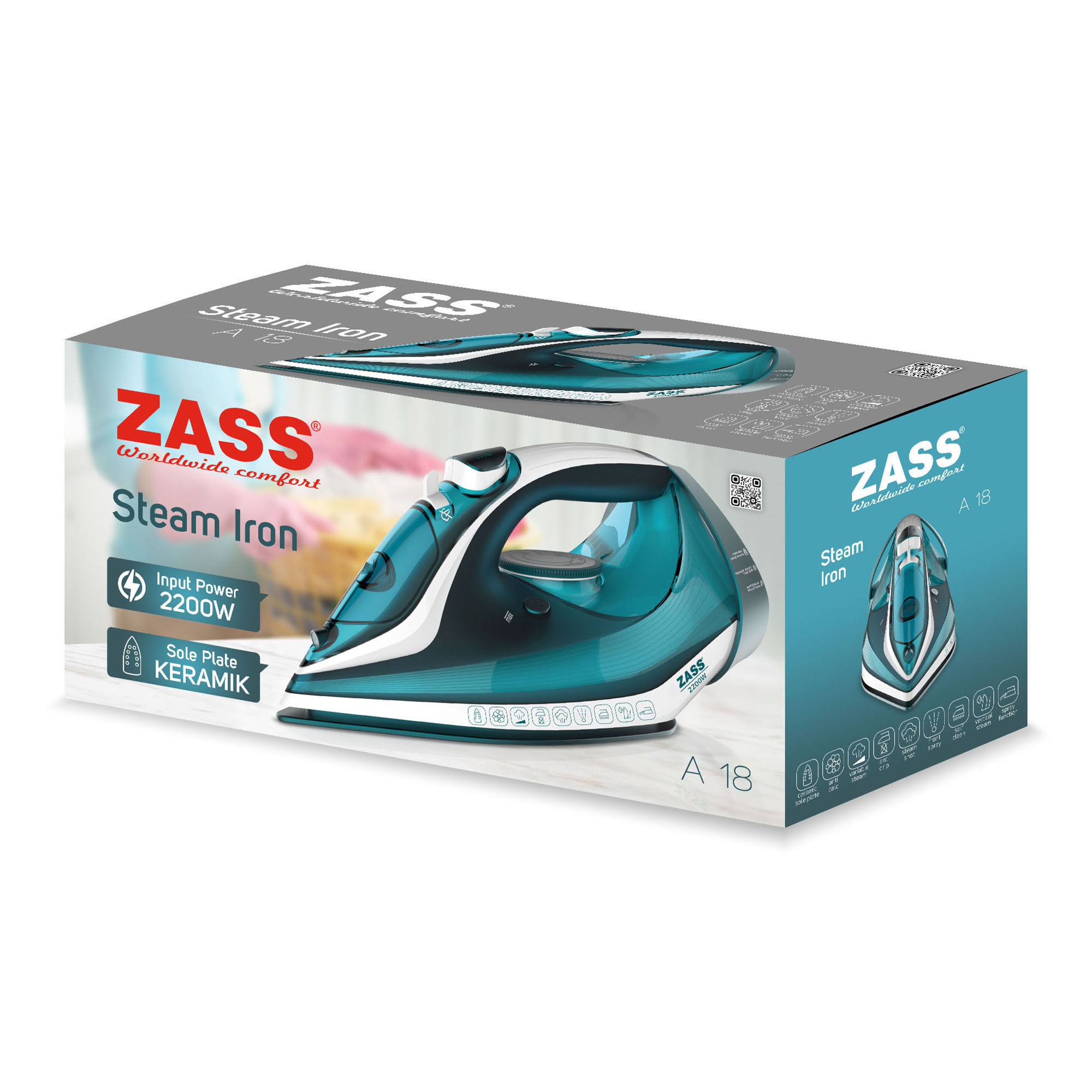 Fier de călcat cu abur Zass A18, 2200 W, talpă ceramică, jet abur