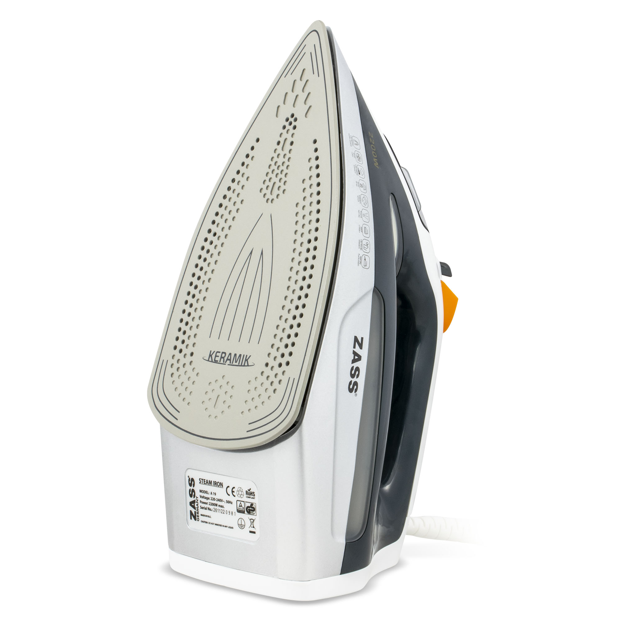 Fier de călcat cu abur Zass A19, 2200 W, talpă ceramică și jet aburi 120 g/min