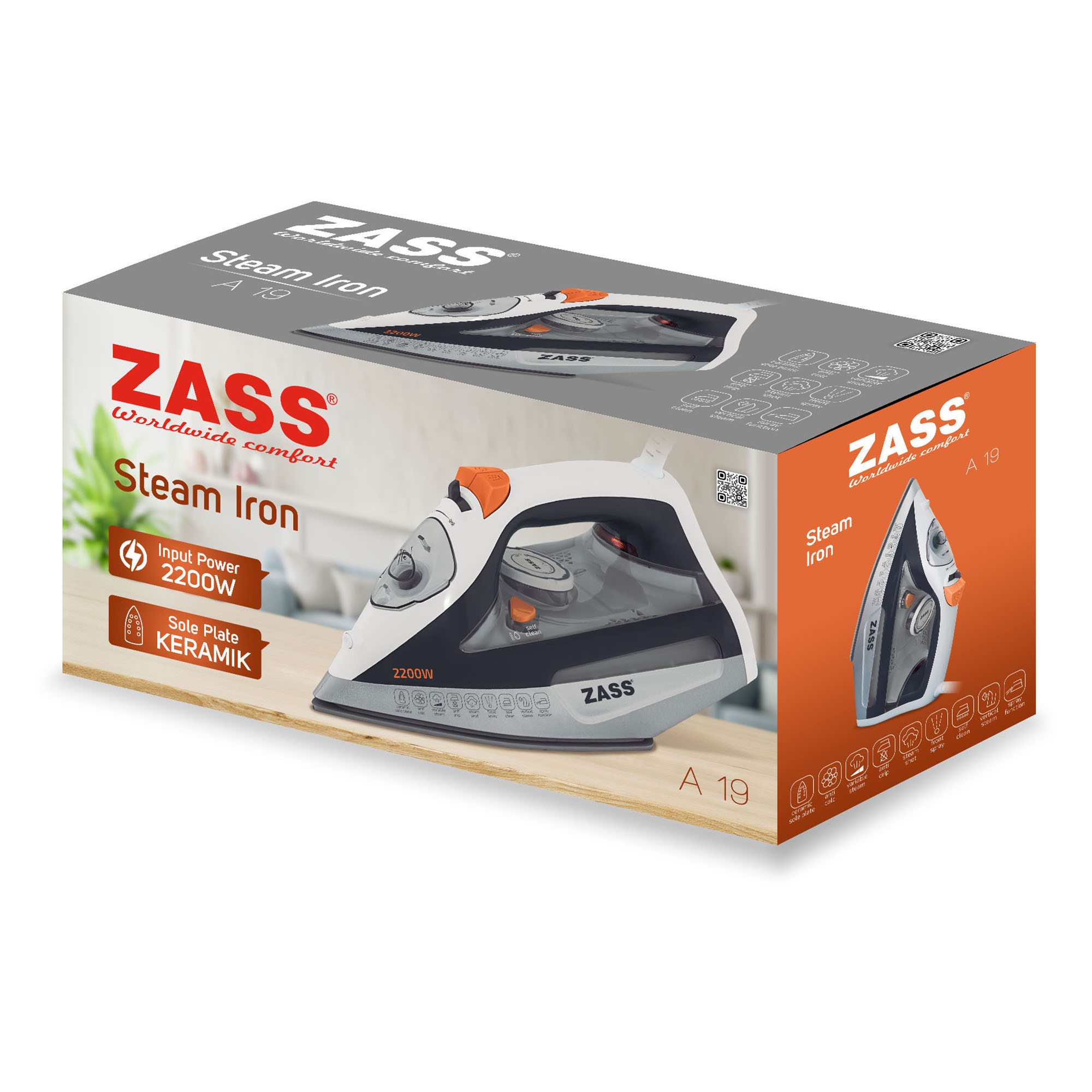 Fier de călcat cu abur Zass A19, 2200 W, talpă ceramică și jet aburi 120 g/min