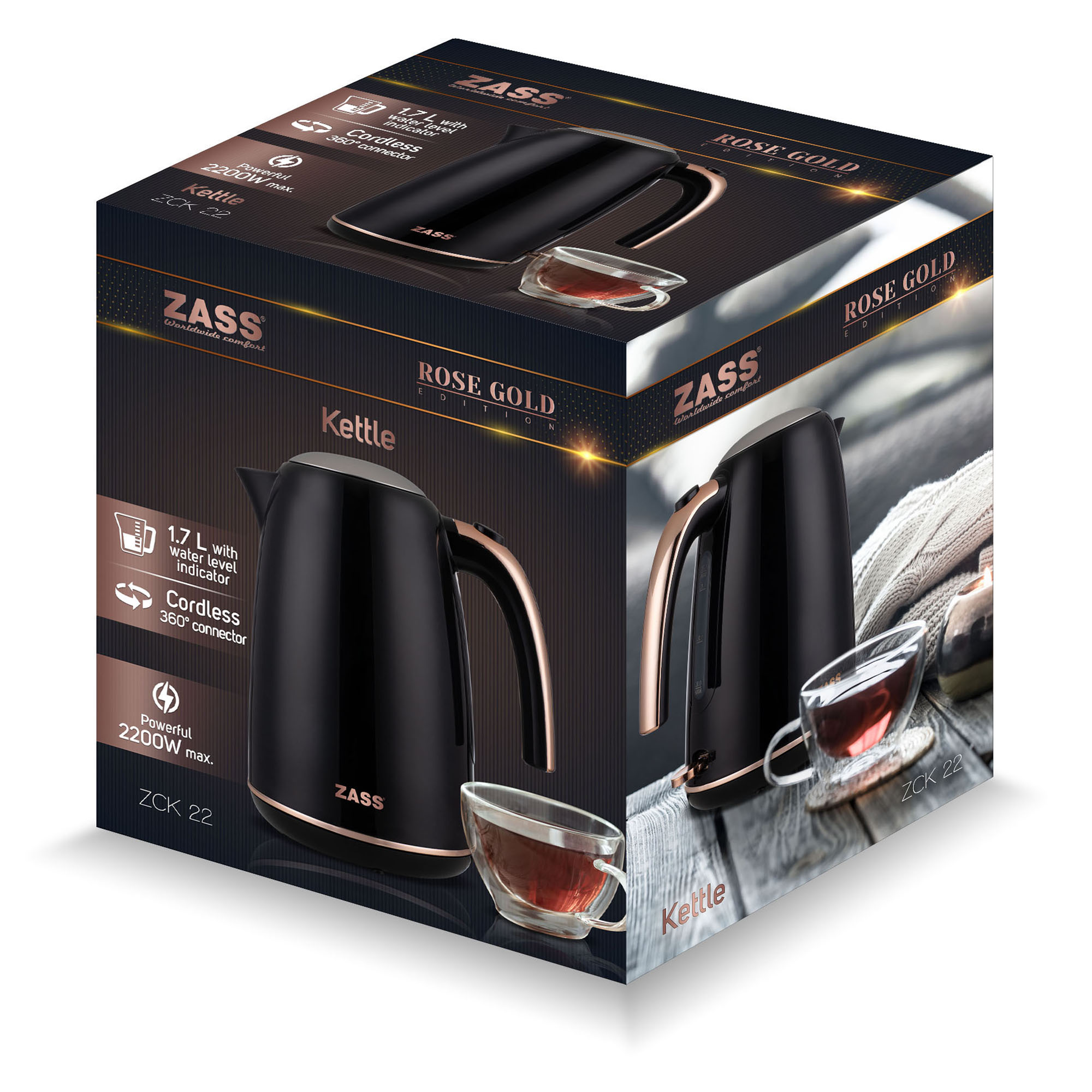 Fierbator electric ZASS ZCK 22, 1,7 litri, Rose Gold, baza 360°