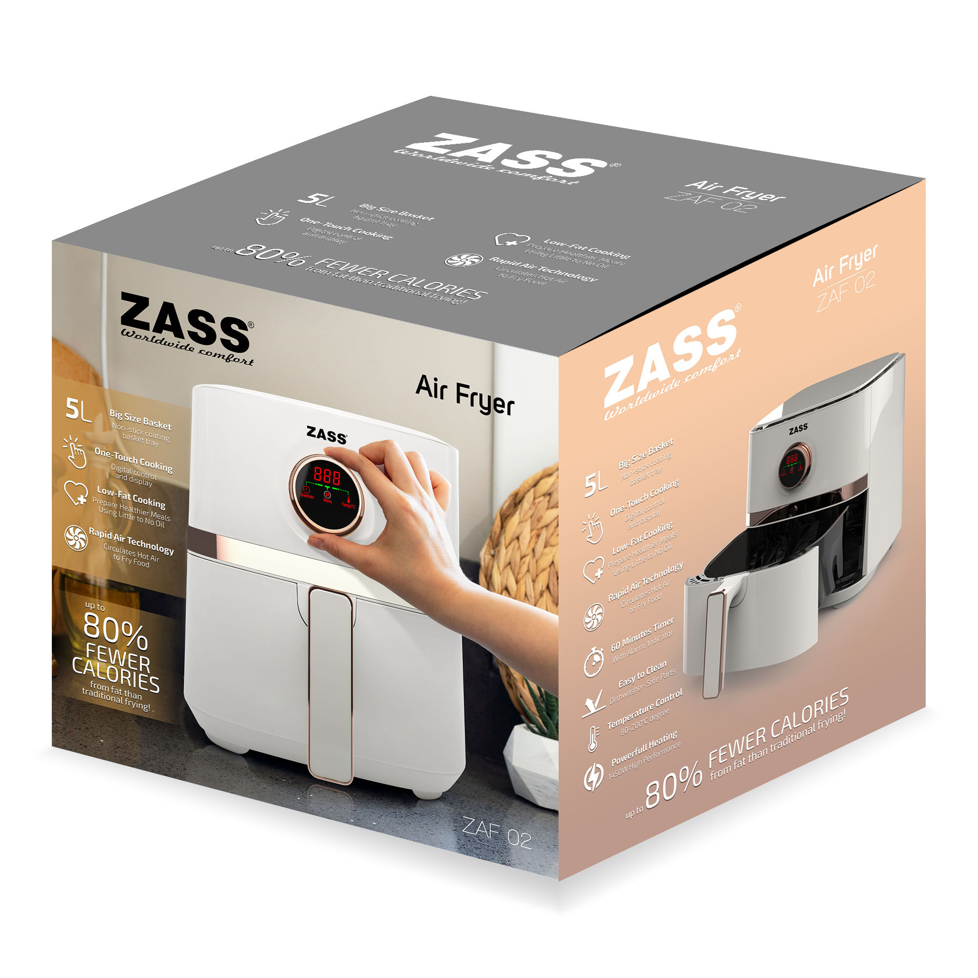 Friteuză cu aer cald ZASS ZAF 02, 5L, 1450W, 8 programe, digitală