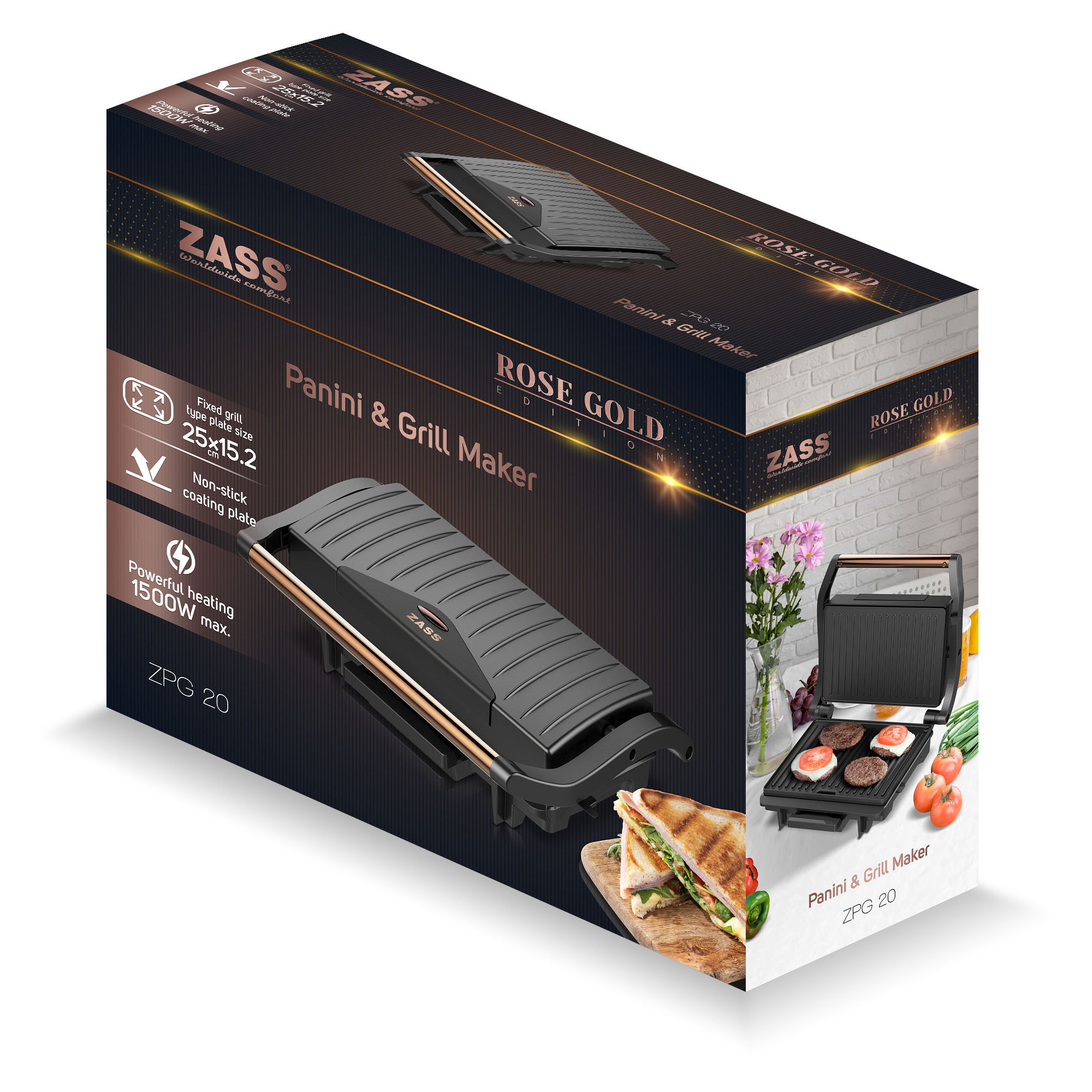 Grill electric Zass ZPG 20 pentru panini si sandwich-uri, 1500 W, Rose Gold