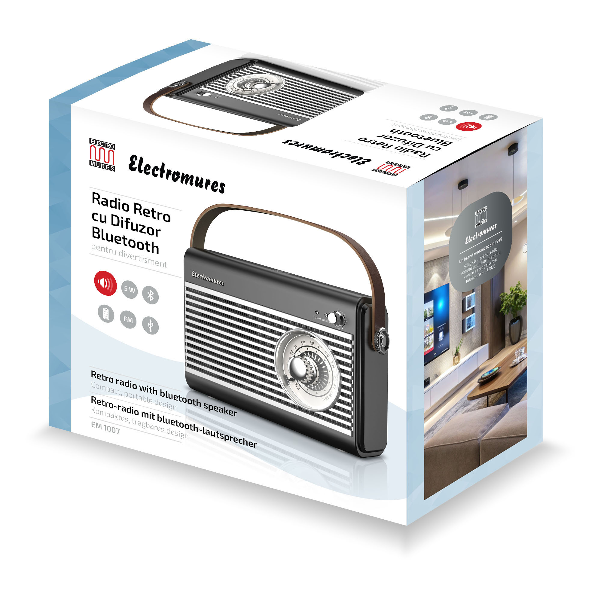 Radio retro portabil cu Bluetooth, FM și USB Electromureș EM 1007