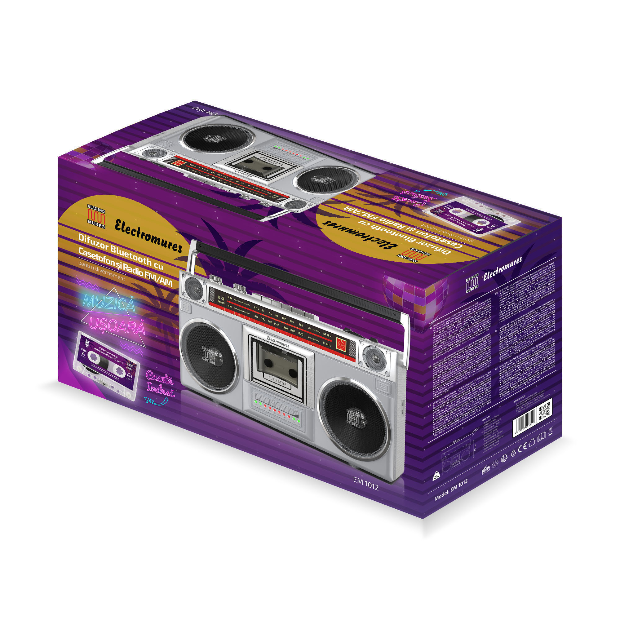 Difuzor Bluetooth retro cu casetofon, radio FM/AM si USB Electromures EM 1012