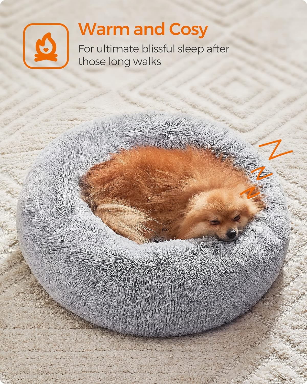 FEANDREA Pat pufos pentru caini si pisici, cu husa detasabila, lavabila, plus moale cu fir lung, 60 cm, gri Household NewTrend