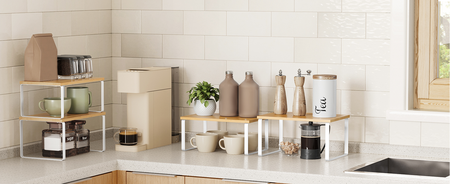 SONGMICS Set 2 rafturi de bucatarie suprapozabile, pentru ustensile sau condimente, 20x30x16cm, natur si alb Household NewTrend