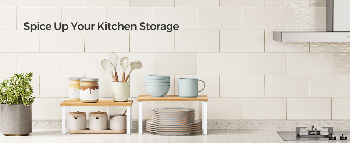 SONGMICS Set 2 rafturi de bucatarie suprapozabile, pentru ustensile sau condimente, 20x30x16cm, natur si alb Household NewTrend