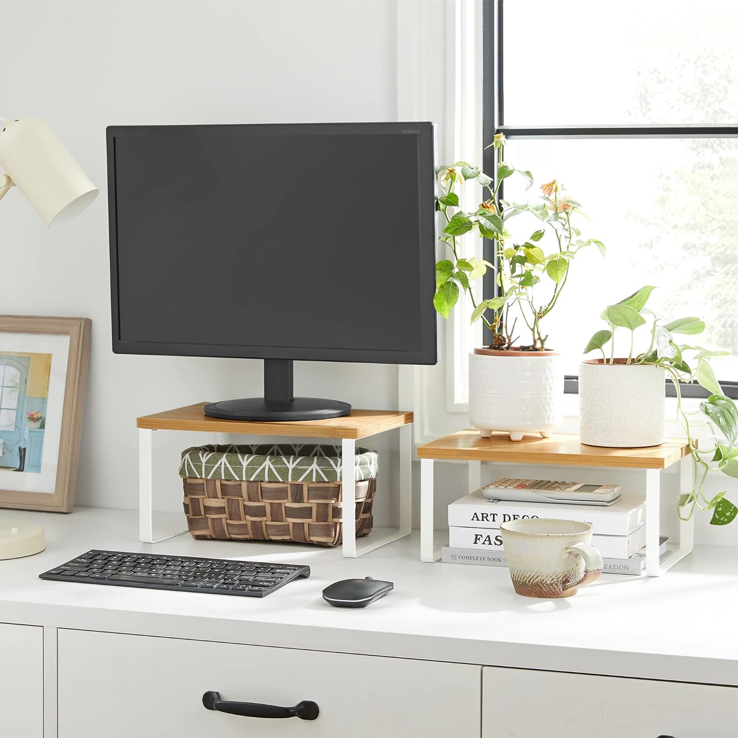 SONGMICS Set 2 rafturi de bucatarie suprapozabile, pentru ustensile sau condimente, 20x30x16cm, natur si alb Household NewTrend