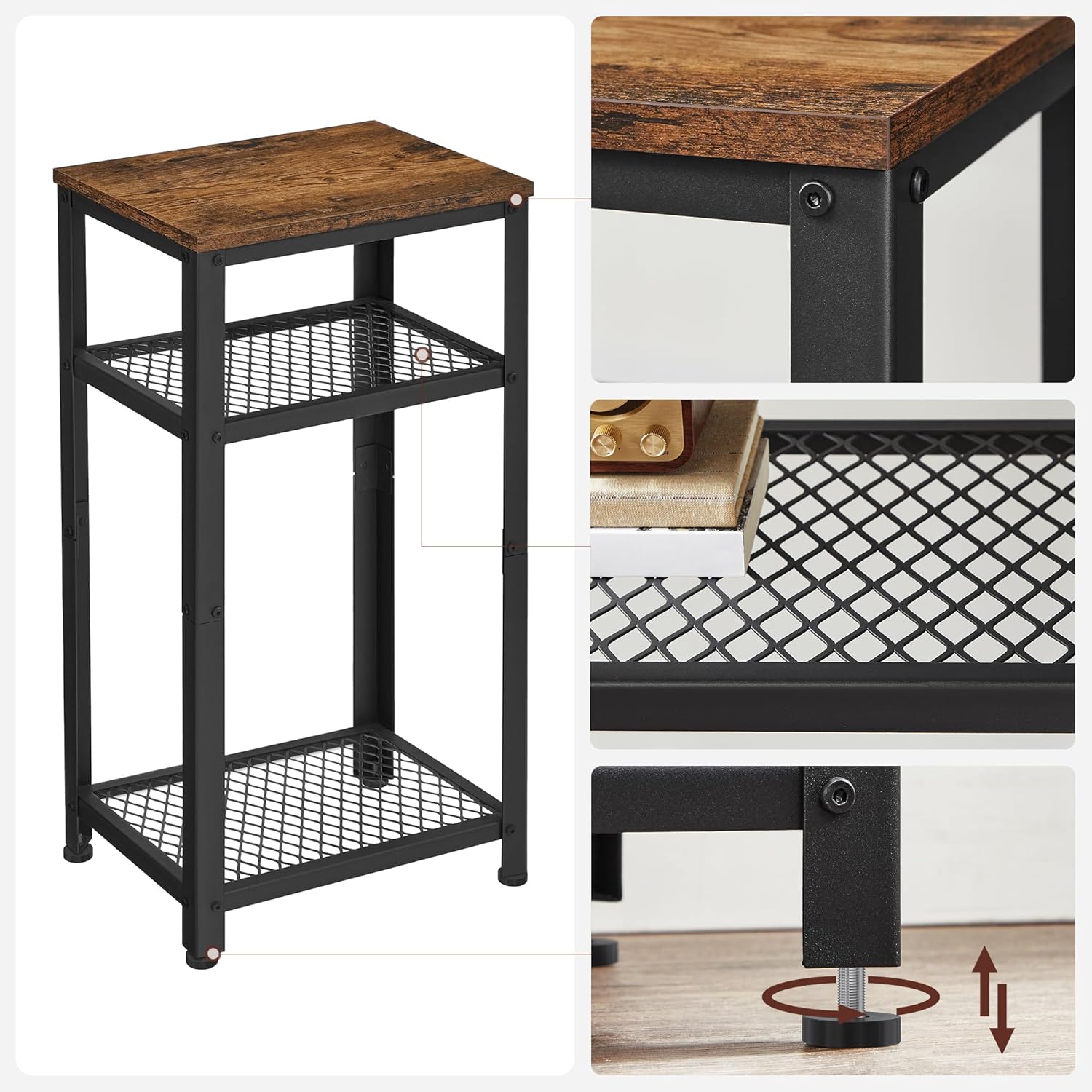 VASAGLE Masuta laterala 40x30x75 cm, cu 2 rafturi grilaj si blat, otel si PAL, maro rustic si negru Household NewTrend