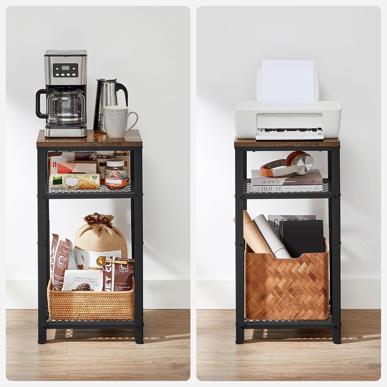 VASAGLE Masuta laterala 40x30x75 cm, cu 2 rafturi grilaj si blat, otel si PAL, maro rustic si negru Household NewTrend