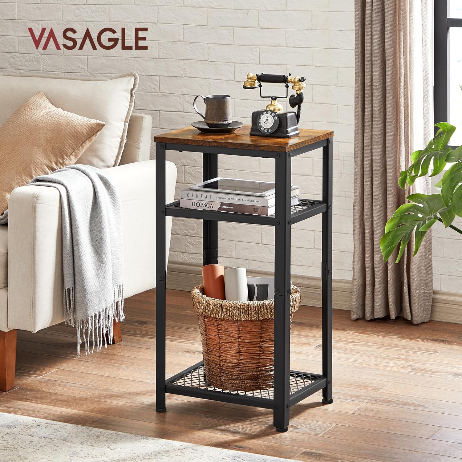 VASAGLE Masuta laterala 40x30x75 cm, cu 2 rafturi grilaj si blat, otel si PAL, maro rustic si negru Household NewTrend