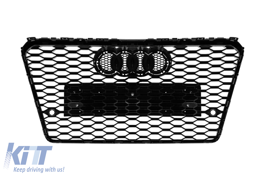Grilă tip RS7 cu lac negru, potrivită pentru Audi A7 Sportback 2012-2015, cu deschideri pentru senzori de parcare Performance AutoTuning