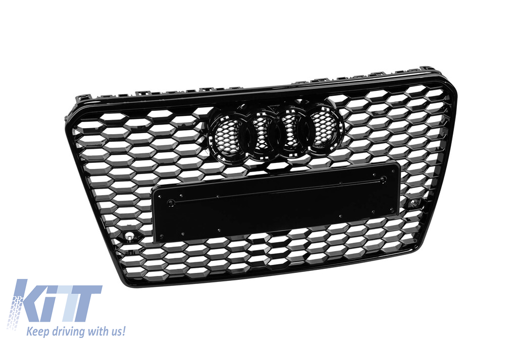 Grilă tip RS7 cu lac negru, potrivită pentru Audi A7 Sportback 2012-2015, cu deschideri pentru senzori de parcare Performance AutoTuning